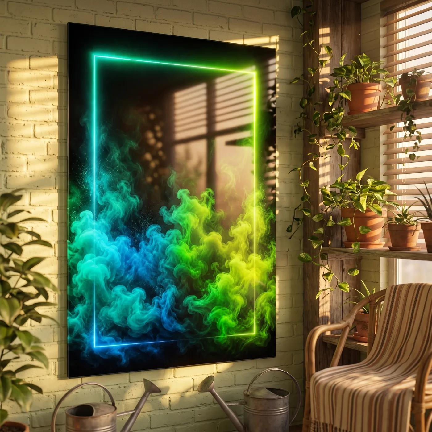 Neon Smoke Glass Wall Art Green Blue Abstract | Glass Wall Decor — 5
