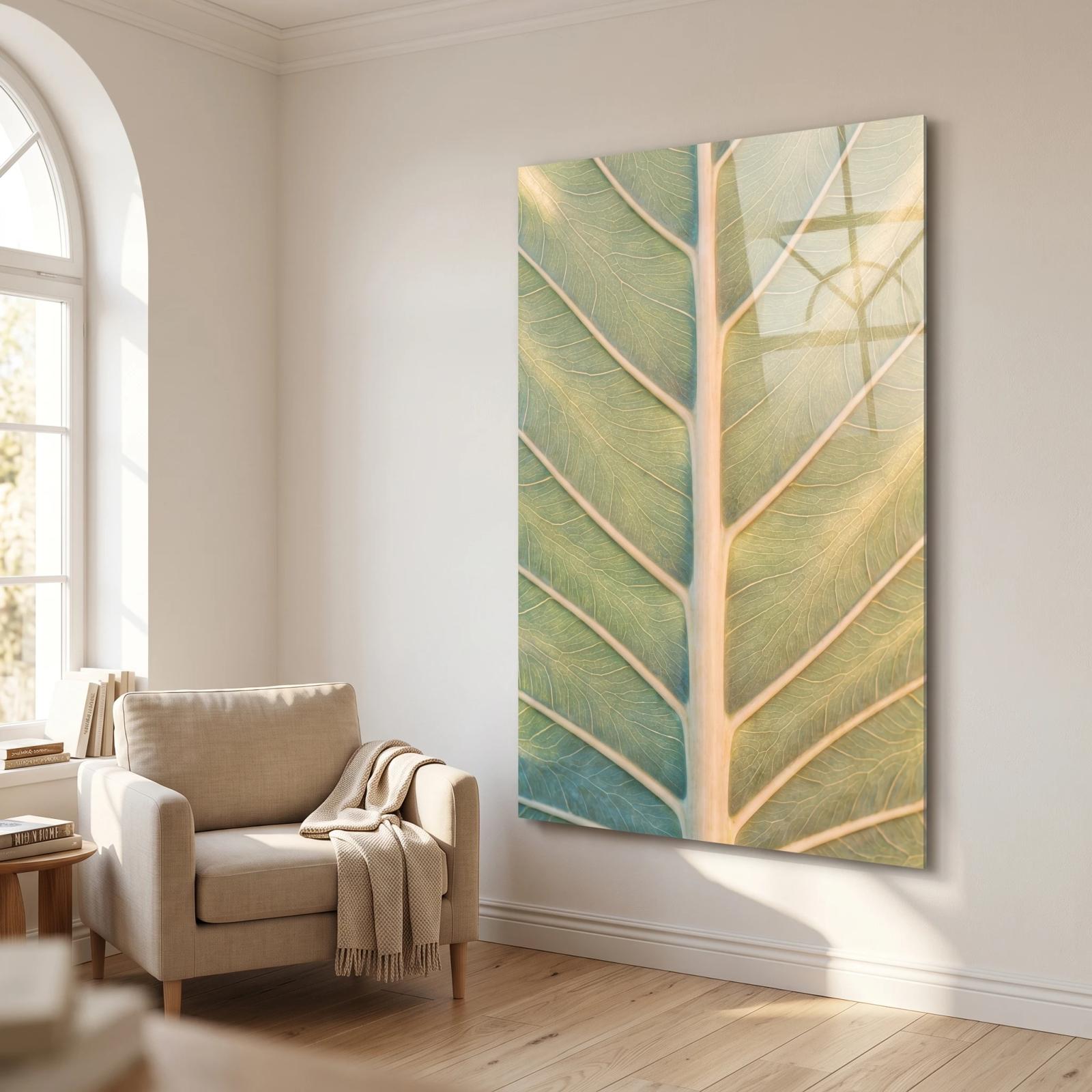 Botanical Leaf Glass Wall Art Sage Vein Detail | Tempered Glass Print
