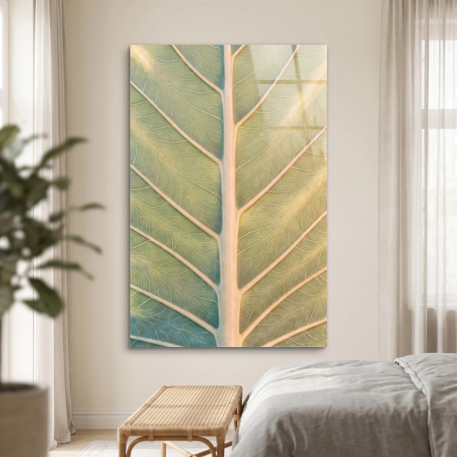 Botanical Leaf Glass Wall Art Sage Vein Detail | Tempered Glass Print — 2