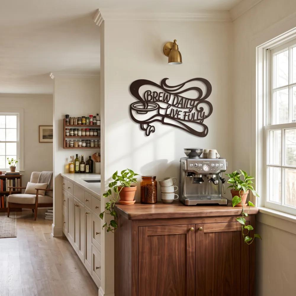 Coffee Portafilter Metal Wall Art – Brew Daily Live Fully, Kitchen Decor