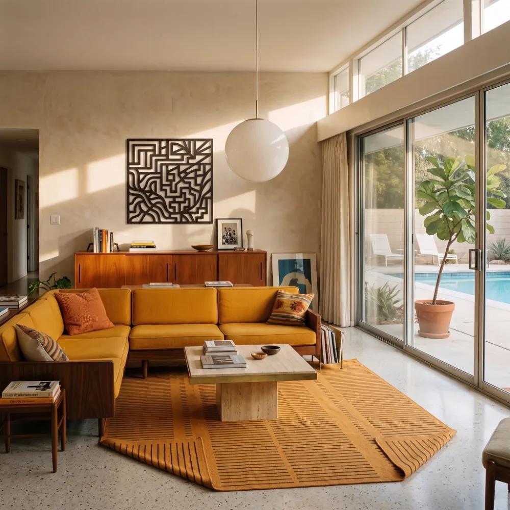 Abstract Maze Metal Wall Art – Meander Grid, Mid Century Living Room Decor