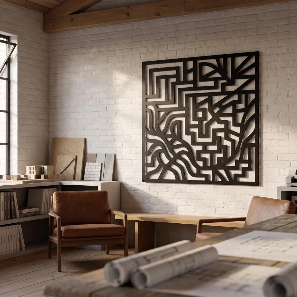 Abstract Maze Metal Wall Art – Meander Grid, Mid Century Living Room Decor — 7