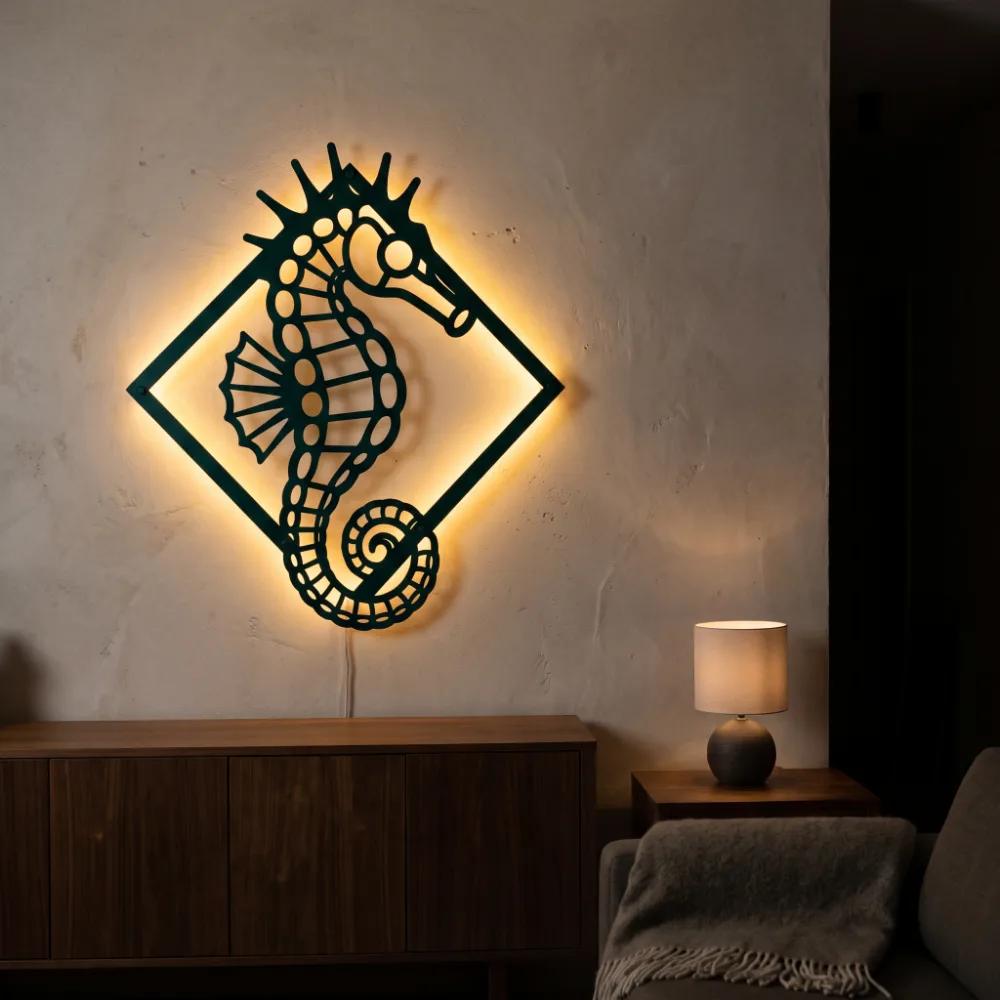 Seahorse Metal LED Wall Art – Tidal Sentinel, Coastal Living Room Decor