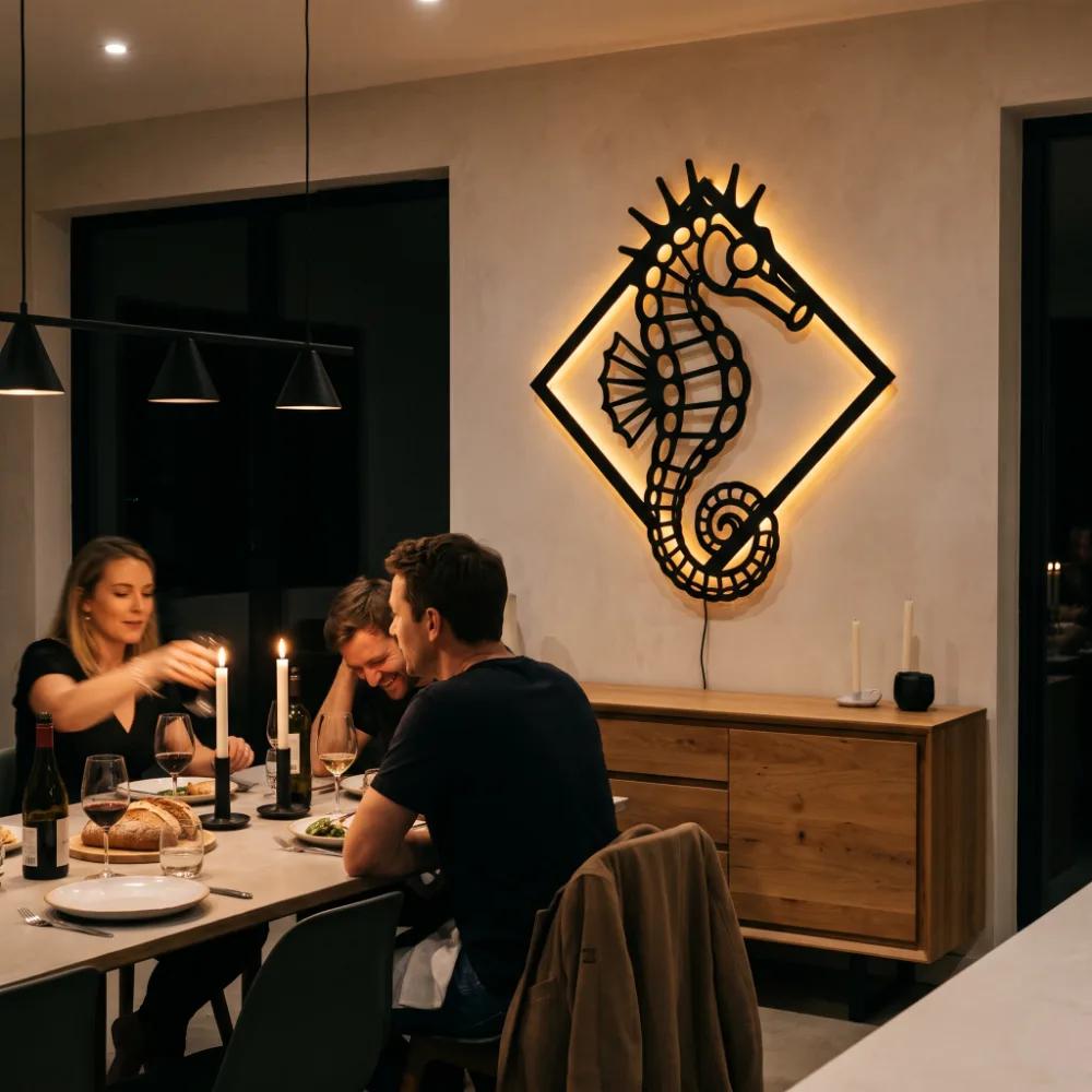 Seahorse Metal LED Wall Art – Tidal Sentinel, Coastal Living Room Decor — 9