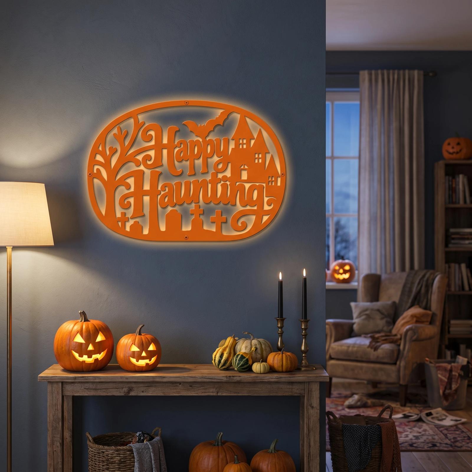 Happy Haunting Halloween LED Metal Wall Art – Witch's Glow, Porch Entryway Decor