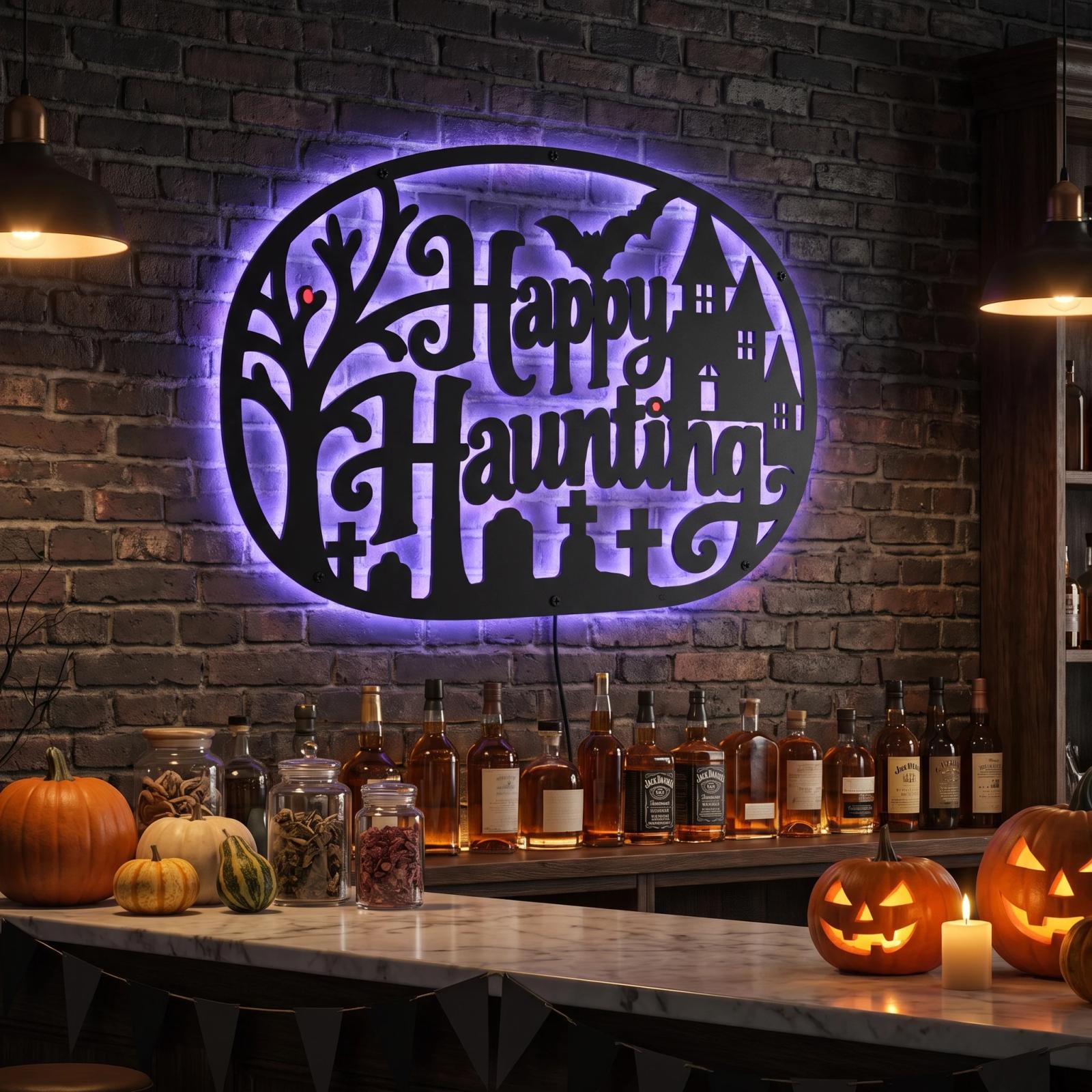 Happy Haunting Halloween LED Metal Wall Art – Witch's Glow, Porch Entryway Decor — 3