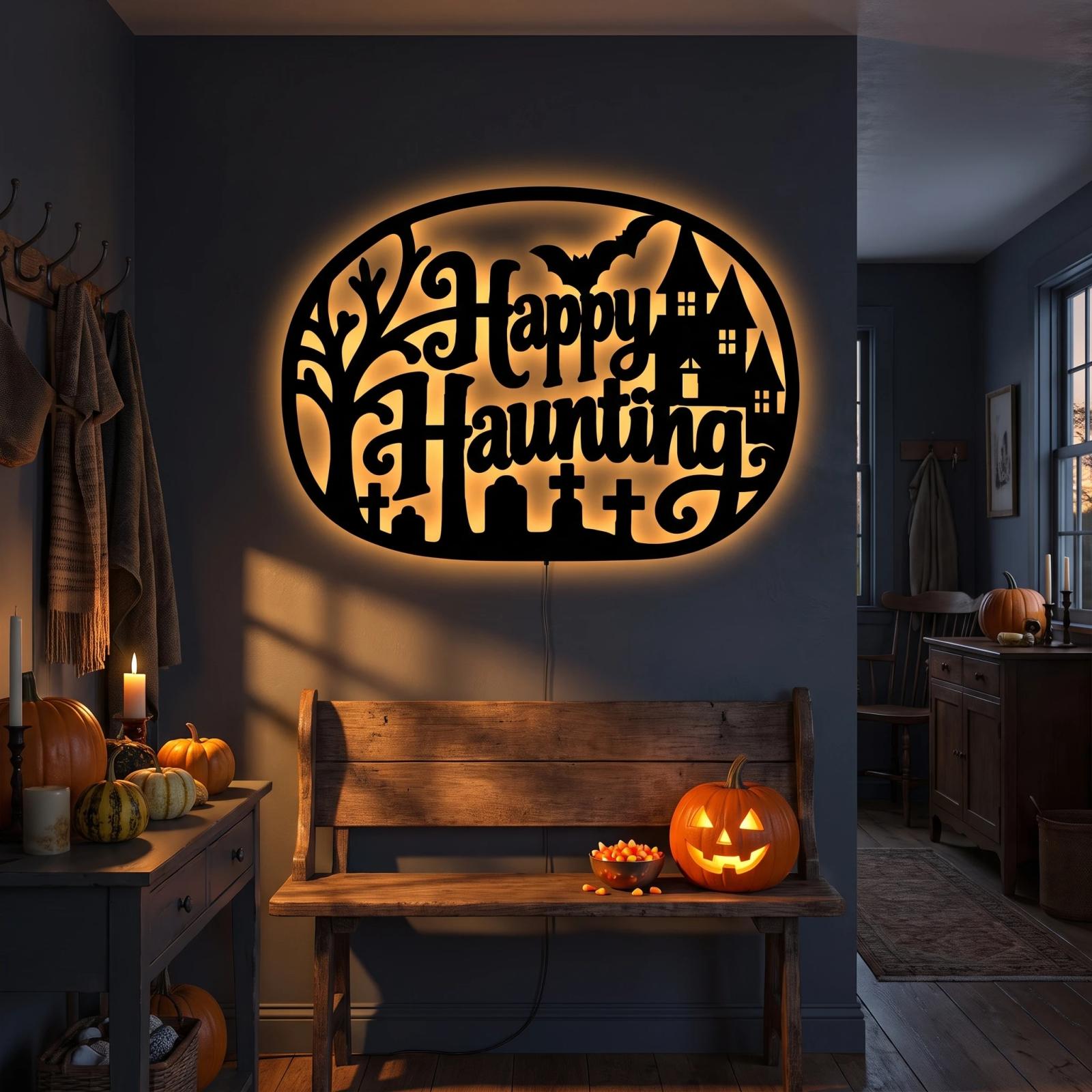 Happy Haunting Halloween LED Metal Wall Art – Witch's Glow, Porch Entryway Decor — 4