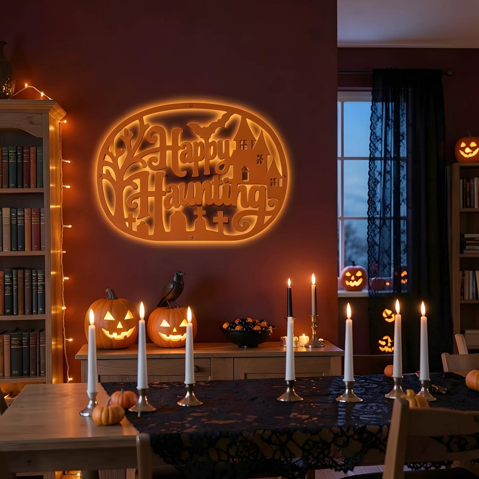 Happy Haunting Halloween LED Metal Wall Art – Witch's Glow, Porch Entryway Decor — 5