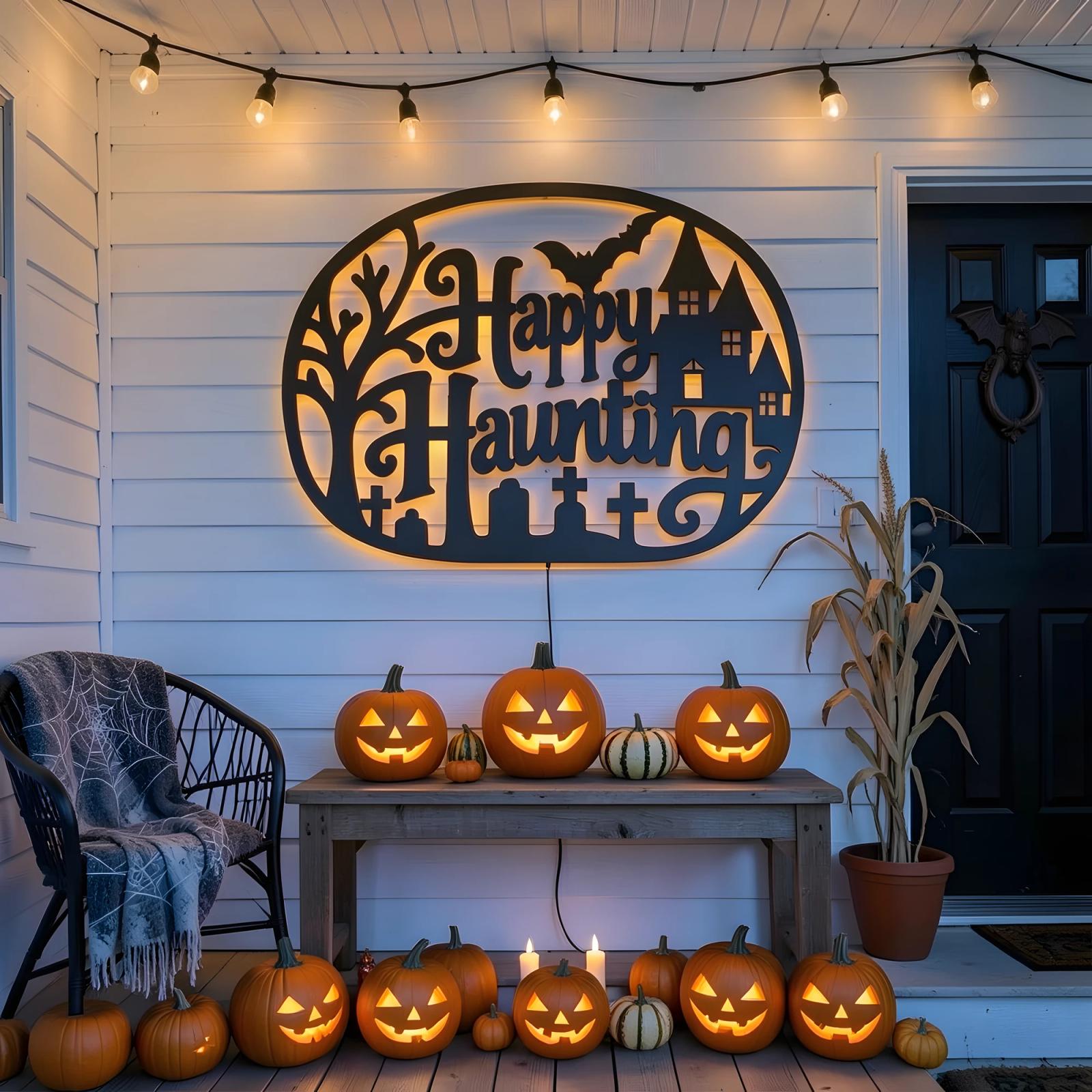 Happy Haunting Halloween LED Metal Wall Art – Witch's Glow, Porch Entryway Decor — 6