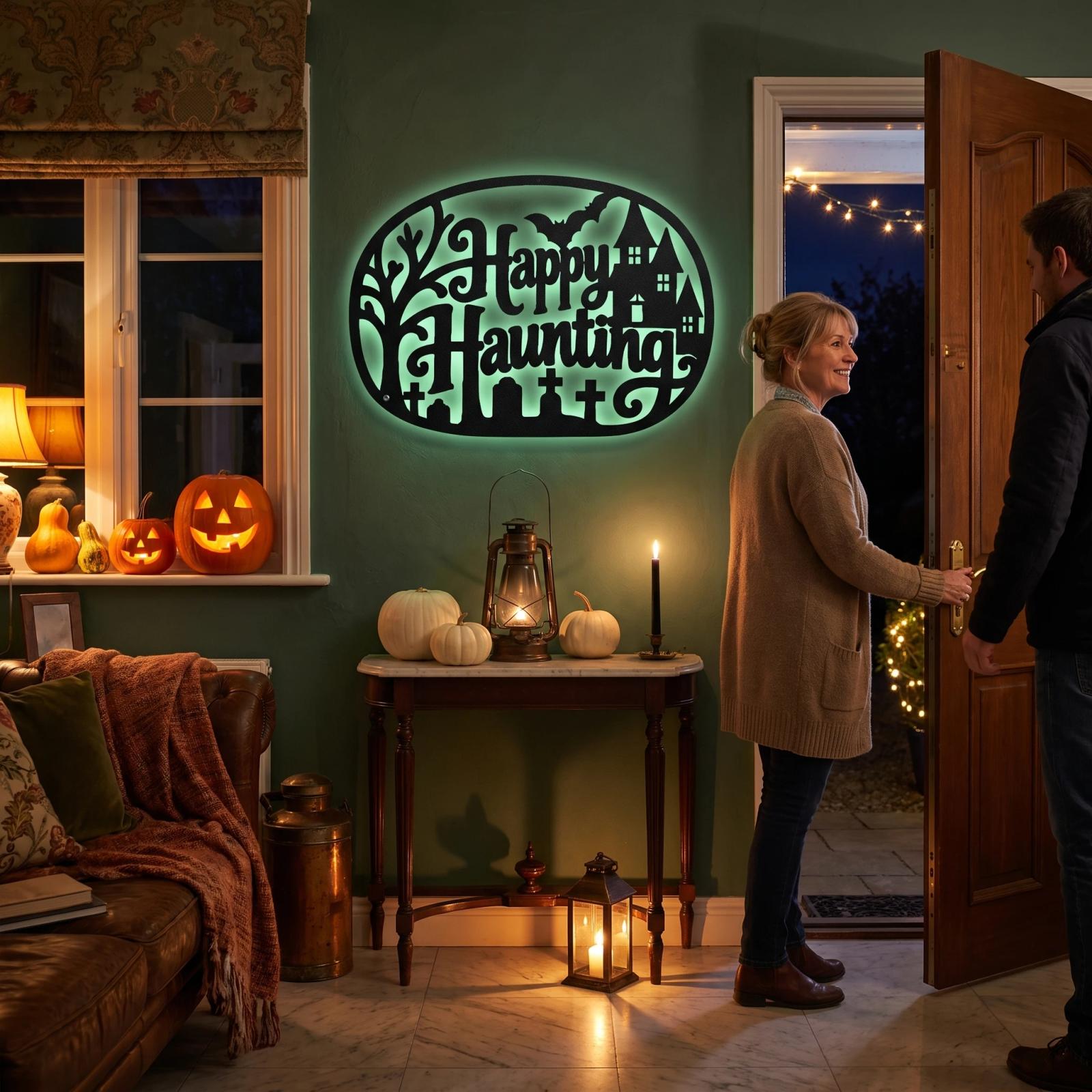 Happy Haunting Halloween LED Metal Wall Art – Witch's Glow, Porch Entryway Decor — 7