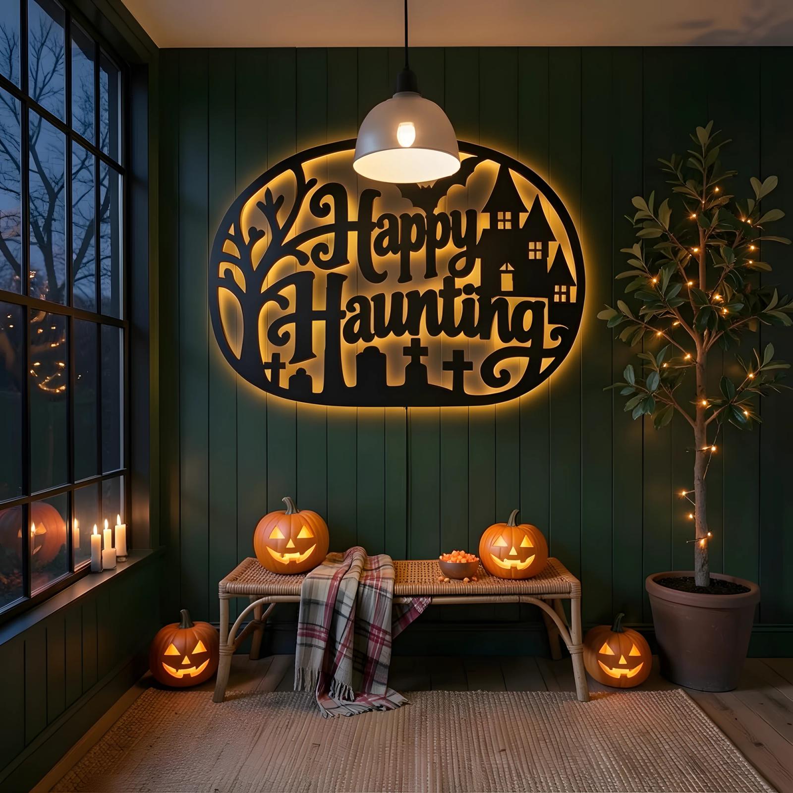 Happy Haunting Halloween LED Metal Wall Art – Witch's Glow, Porch Entryway Decor — 9