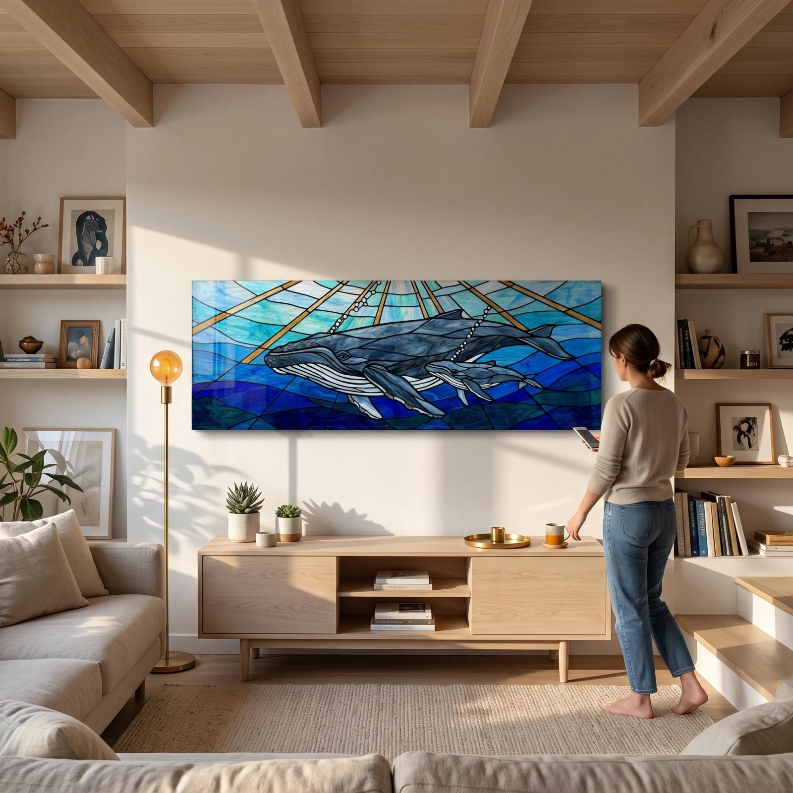 Whale Stained Glass Wall Art Ocean Mother Calf Glass Wall Decor