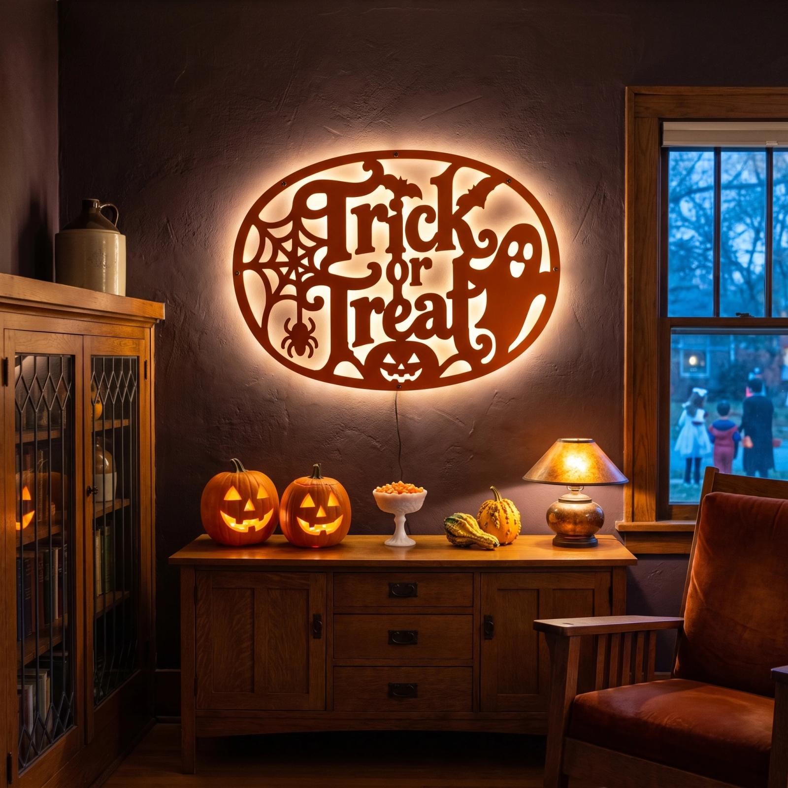 Trick or Treat Halloween LED Metal Wall Art – Hallowed Threshold, Front Porch Mantel Decor
