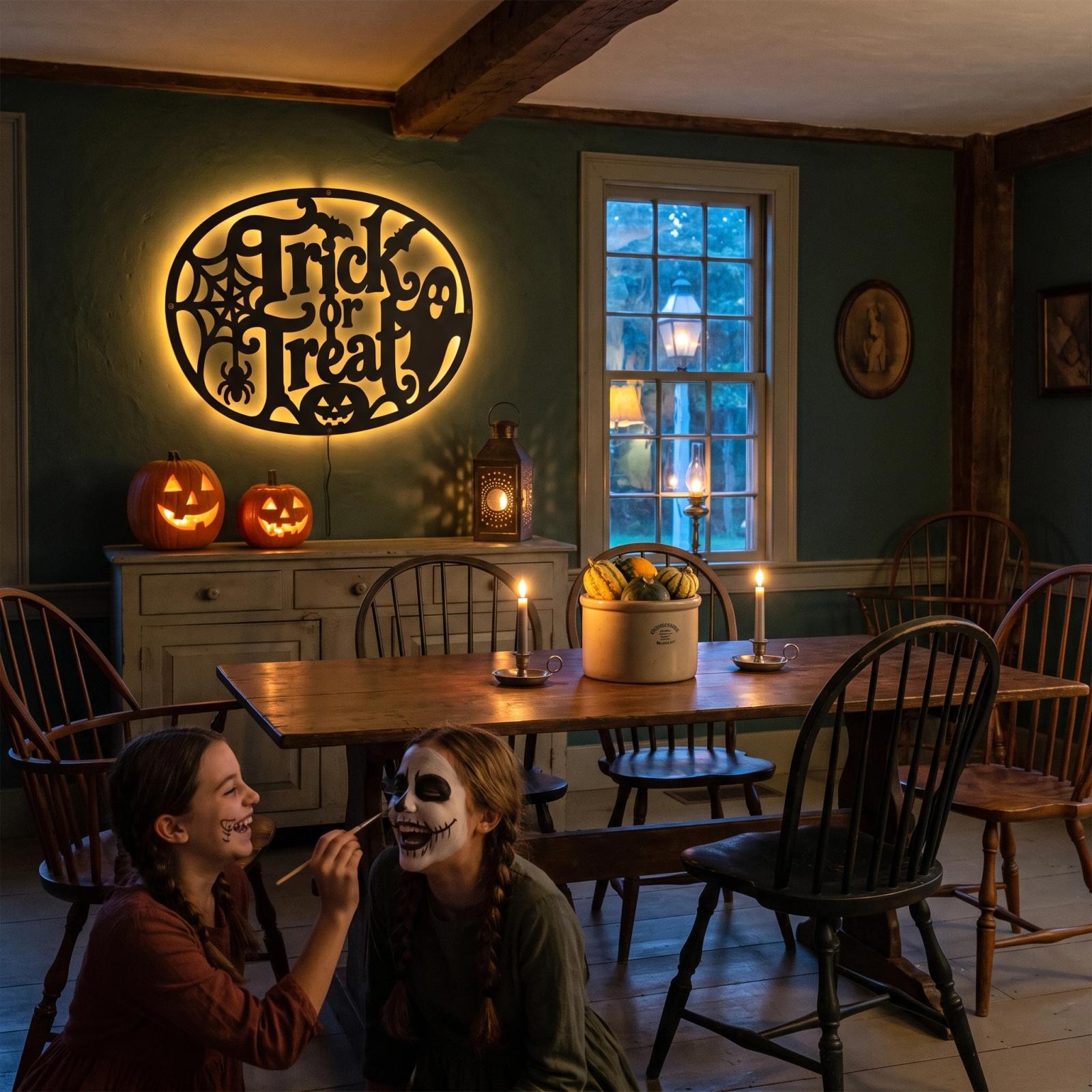 Trick or Treat Halloween LED Metal Wall Art – Hallowed Threshold, Front Porch Mantel Decor — 2