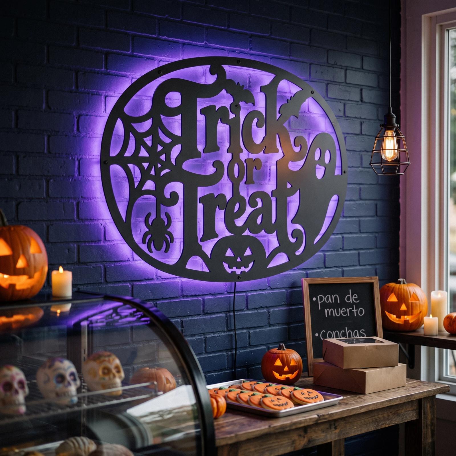 Trick or Treat Halloween LED Metal Wall Art – Hallowed Threshold, Front Porch Mantel Decor — 3