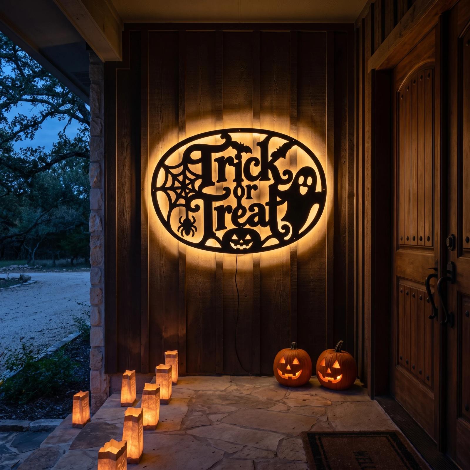 Trick or Treat Halloween LED Metal Wall Art – Hallowed Threshold, Front Porch Mantel Decor — 4
