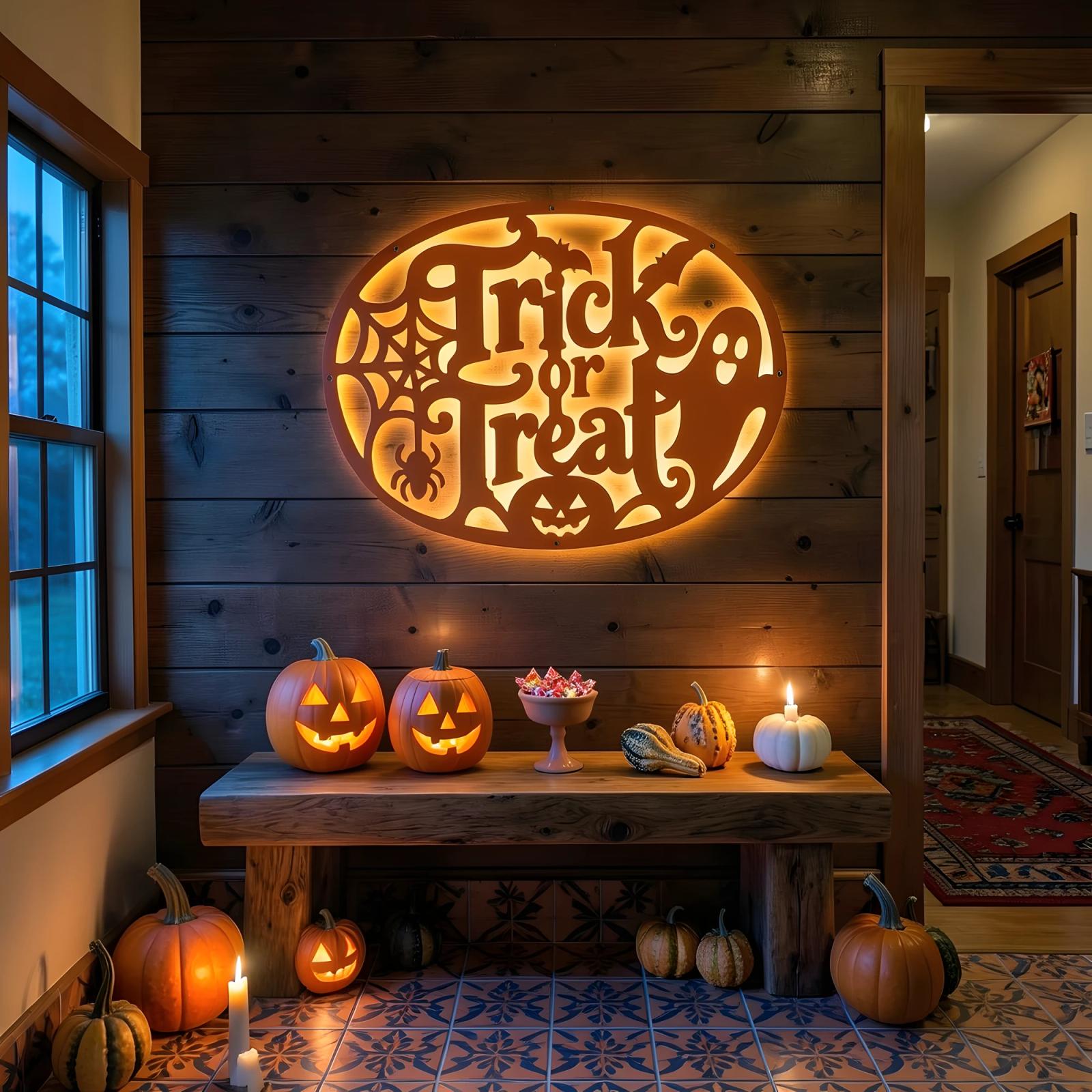 Trick or Treat Halloween LED Metal Wall Art – Hallowed Threshold, Front Porch Mantel Decor — 5