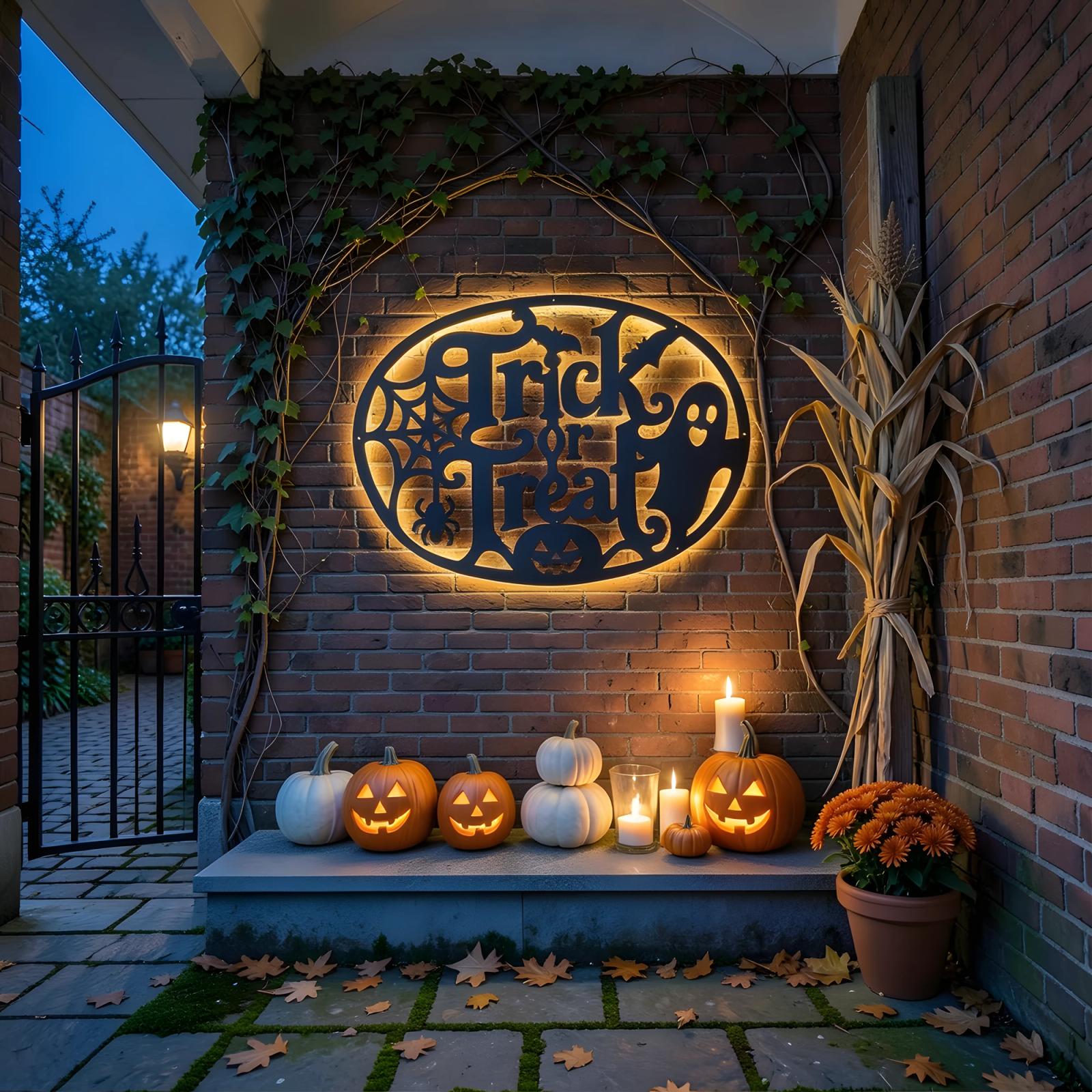 Trick or Treat Halloween LED Metal Wall Art – Hallowed Threshold, Front Porch Mantel Decor — 6