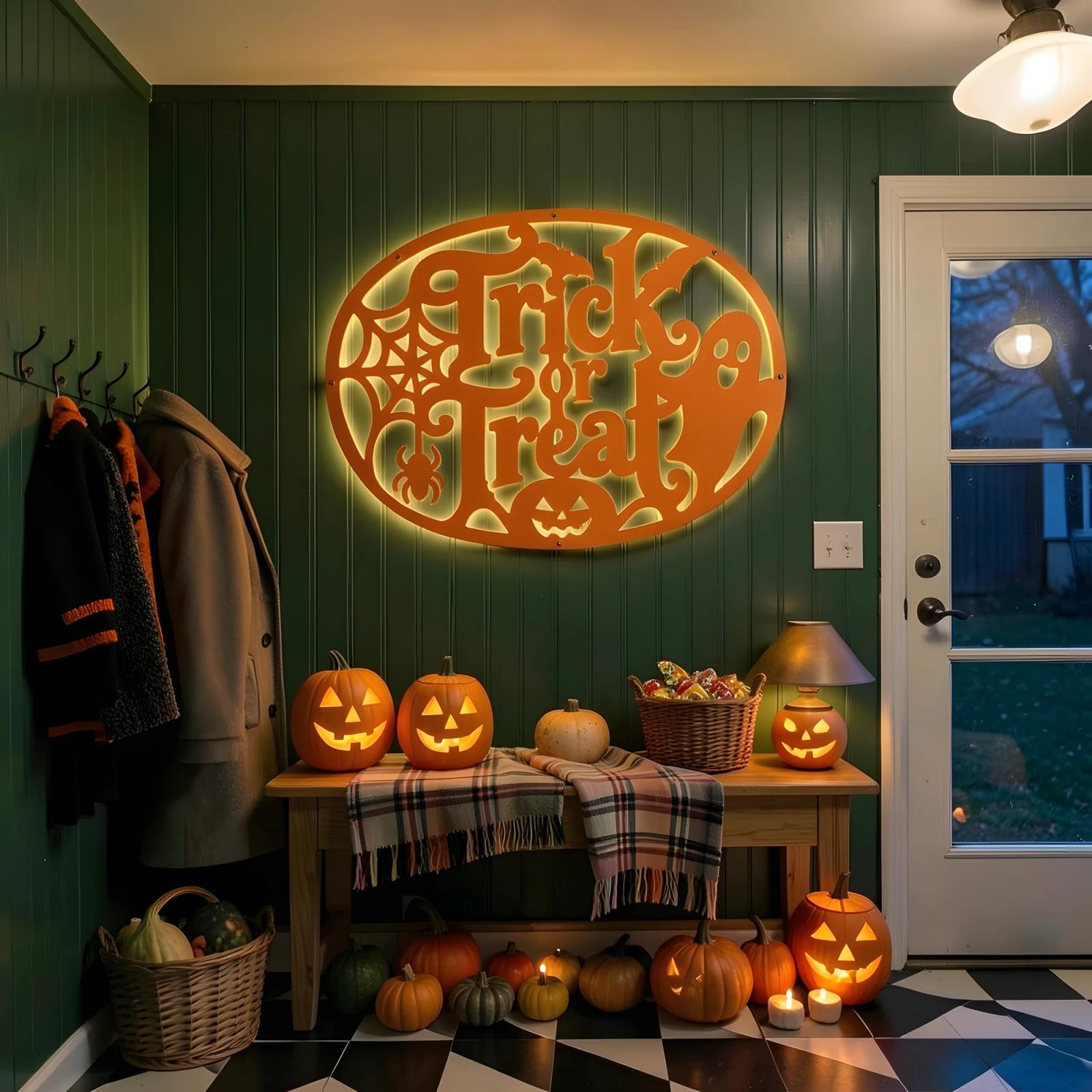 Trick or Treat Halloween LED Metal Wall Art – Hallowed Threshold, Front Porch Mantel Decor — 8
