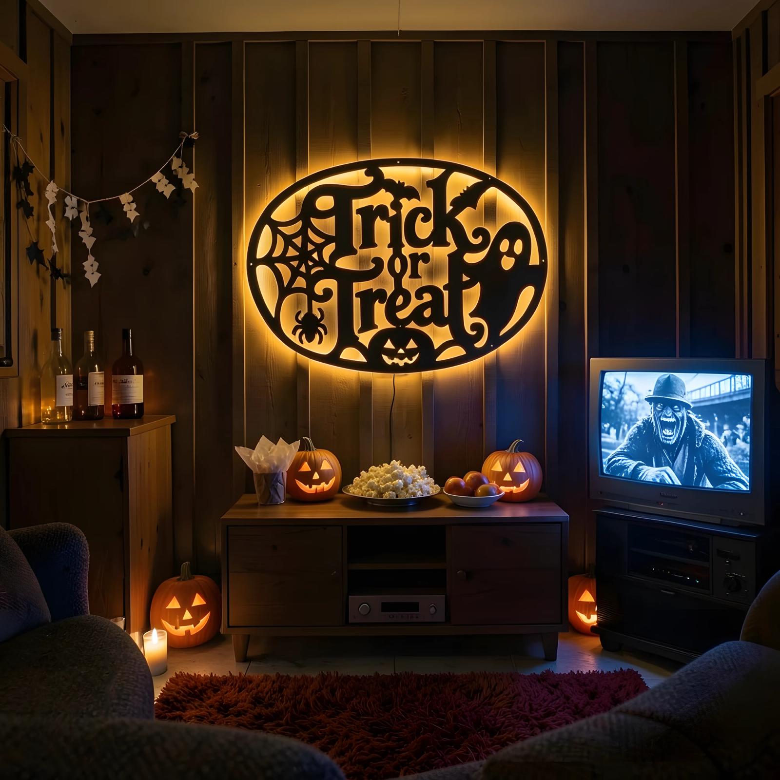 Trick or Treat Halloween LED Metal Wall Art – Hallowed Threshold, Front Porch Mantel Decor — 9