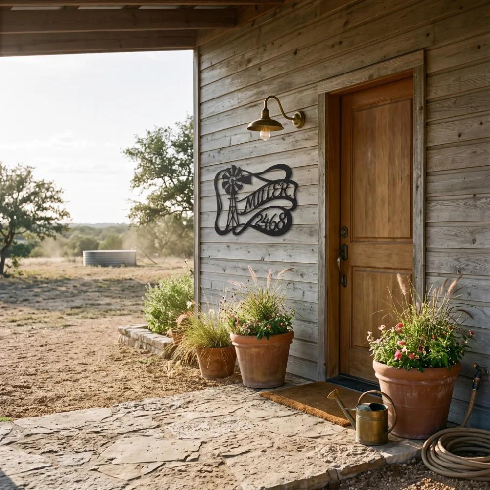 Custom Farmhouse Windmill Metal Address Sign – Prairie Homestead, Front Porch Family Name Decor — 4