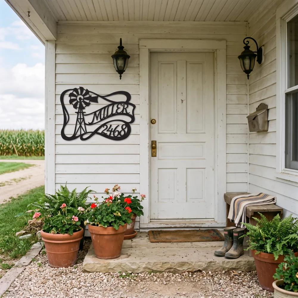 Custom Farmhouse Windmill Metal Address Sign – Prairie Homestead, Front Porch Family Name Decor