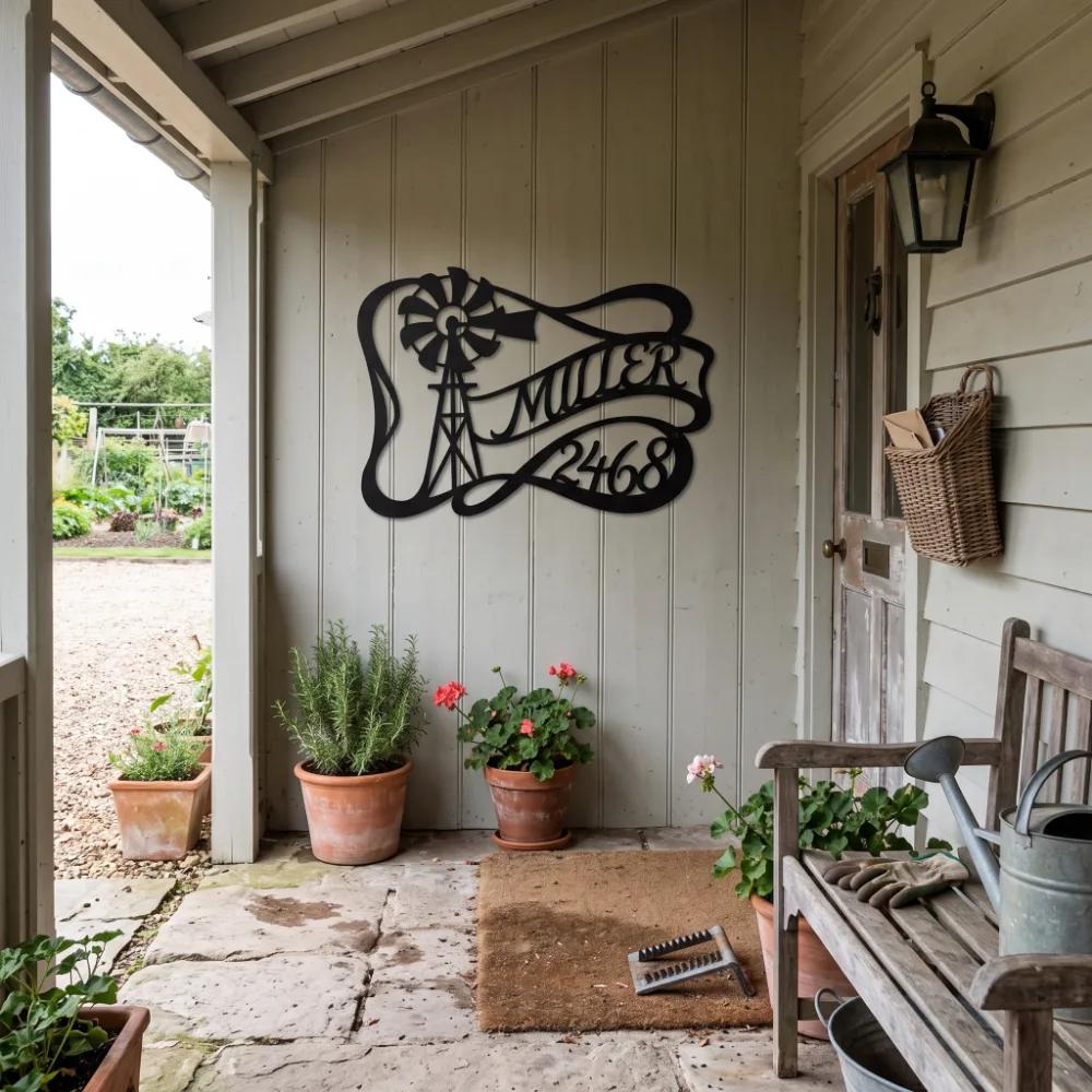 Custom Farmhouse Windmill Metal Address Sign – Prairie Homestead, Front Porch Family Name Decor — 9