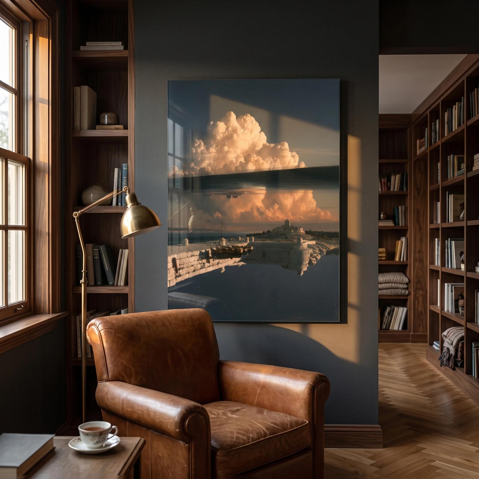 Surreal Harbor Airship Tempered Glass Wall Art | Sci-Fi Glass Wall Decor