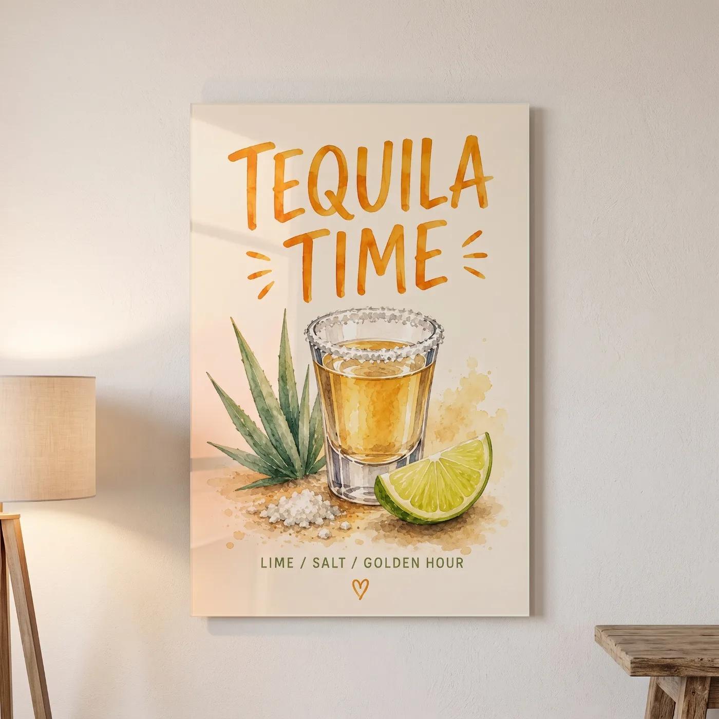 Tequila Time Watercolor Bar Sign | Glass Wall Art