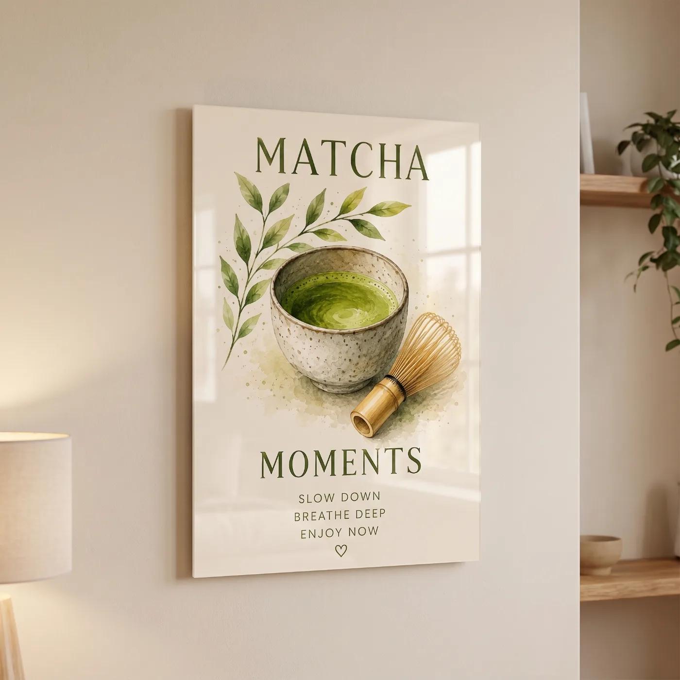 Matcha Tea Wall Art Watercolor Kitchen Decor | Glass Wall Art