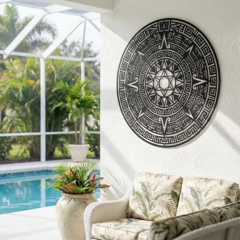 Aztec Calendar Metal Wall Art – Sun Stone Motif, Entryway and Living Room Decor — 3