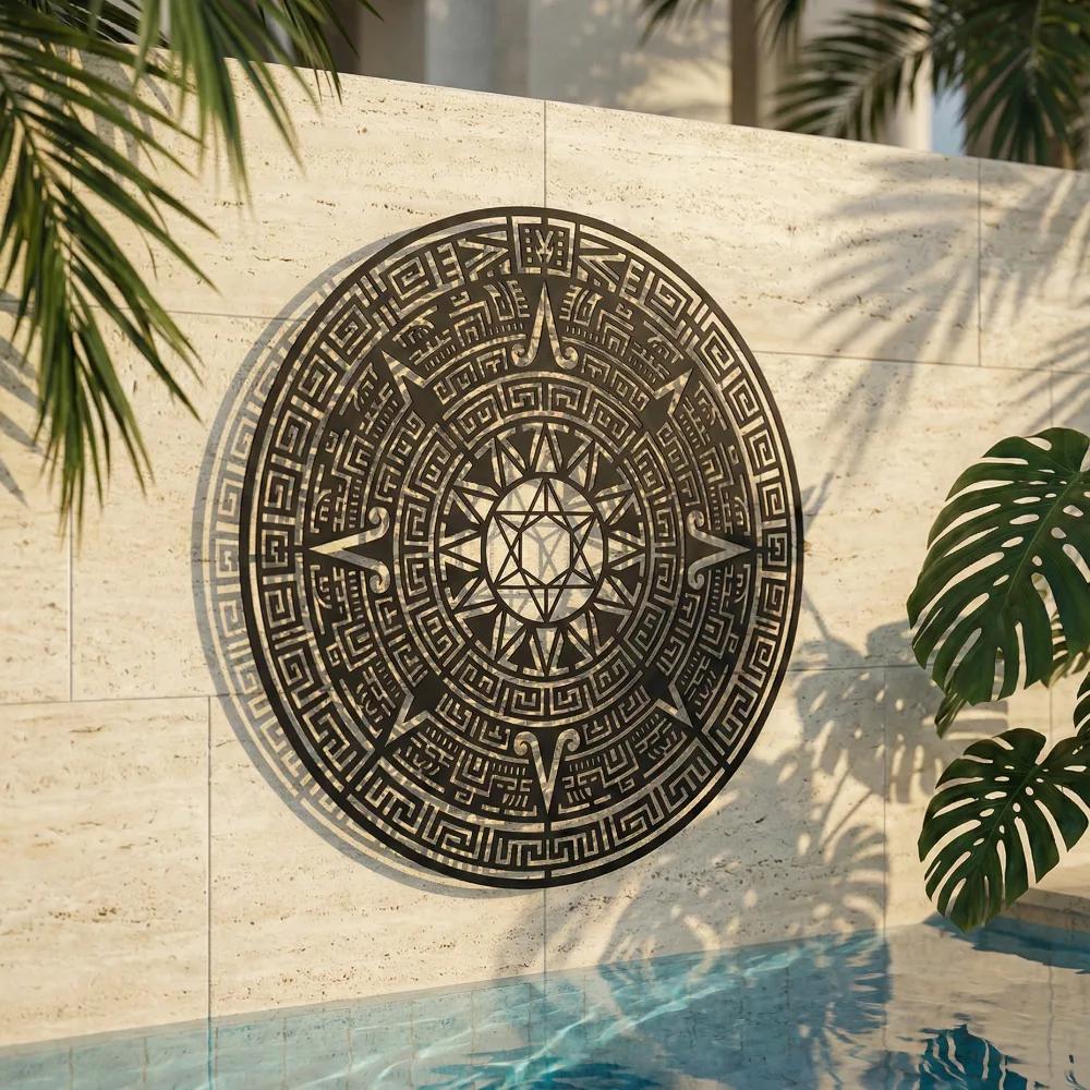 Aztec Calendar Metal Wall Art – Sun Stone Motif, Entryway and Living Room Decor