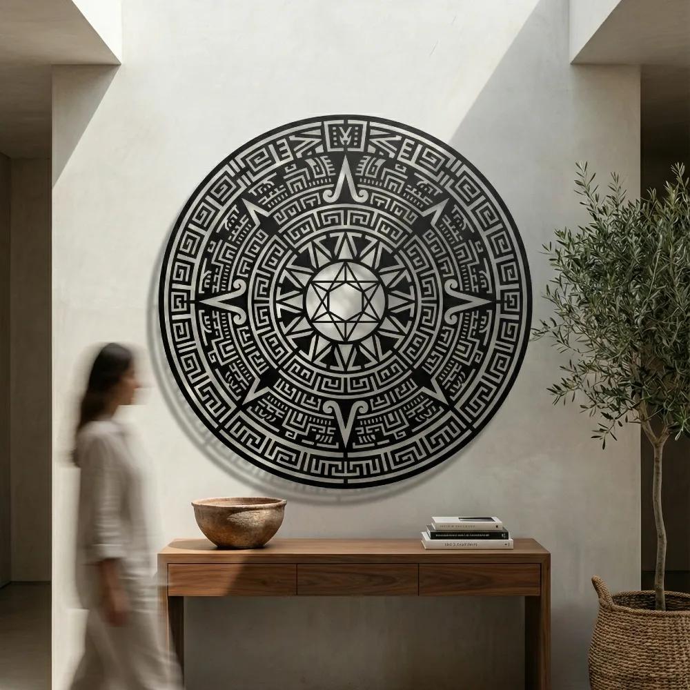 Aztec Calendar Metal Wall Art – Sun Stone Motif, Entryway and Living Room Decor — 5