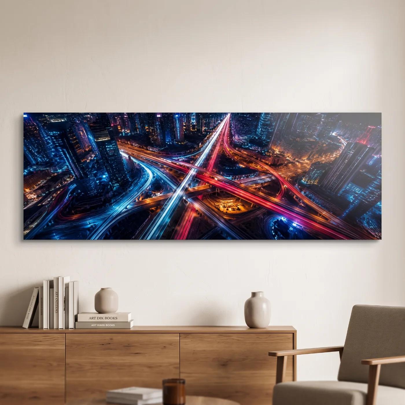 City Lights Glass Wall Art Night Traffic Aerial | Glass Wall Decor