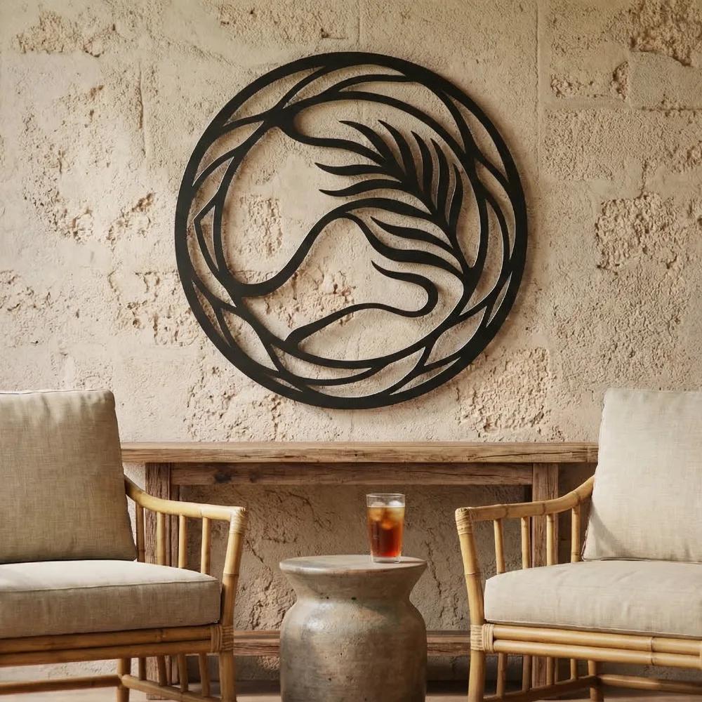 Abstract Leaf Metal Wall Art – Swirling Palm Round, Living Room Decor