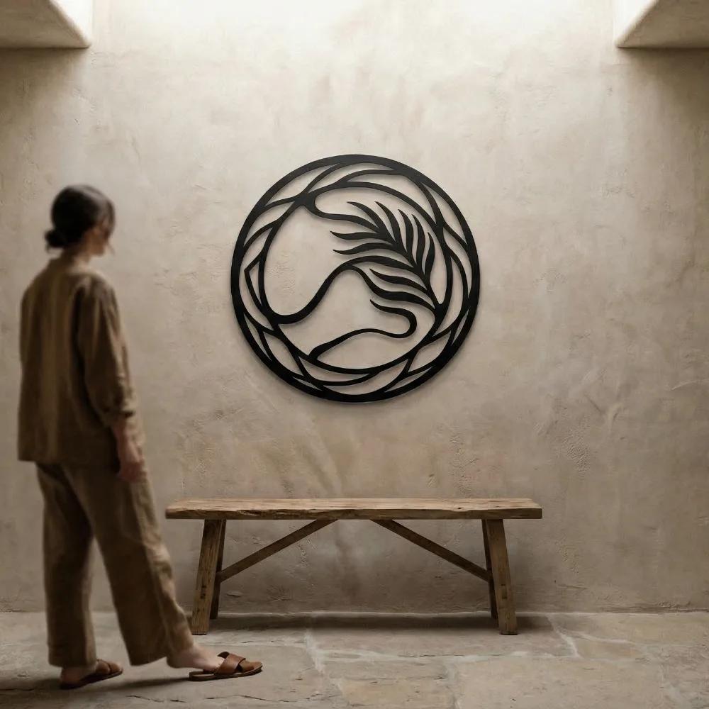 Abstract Leaf Metal Wall Art – Swirling Palm Round, Living Room Decor — 6
