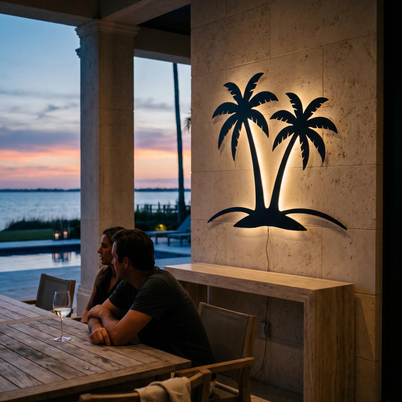 Palm Tree Metal Wall Art with LED Backlight – Island Glow, Coastal Living Room Decor — 2