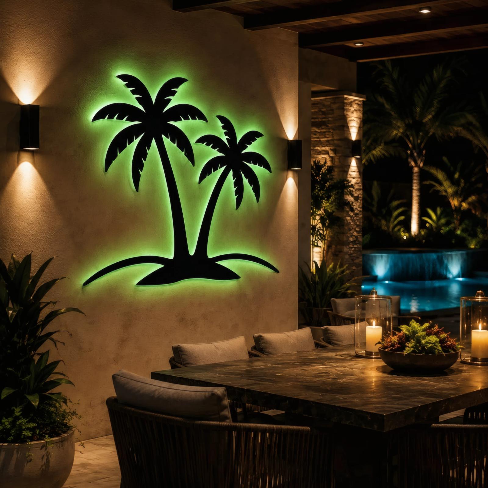 Palm Tree Metal Wall Art with LED Backlight – Island Glow, Coastal Living Room Decor — 7