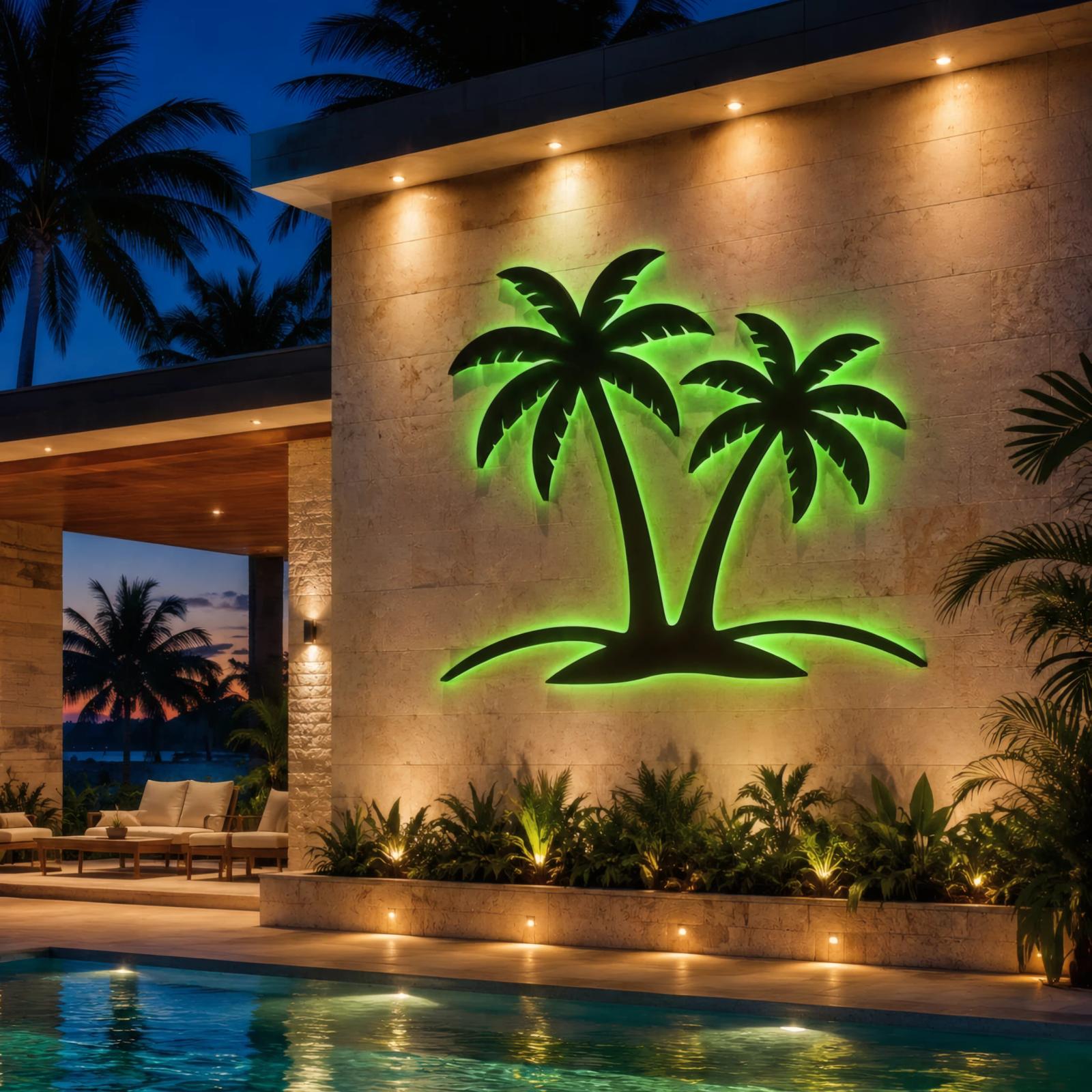 Palm Tree Metal Wall Art with LED Backlight – Island Glow, Coastal Living Room Decor