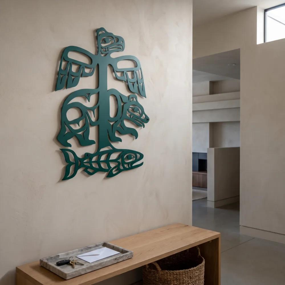 Pacific Northwest Metal Wall Art – Cedar Lineage, Totem Eagle Bear Salmon Living Room Decor