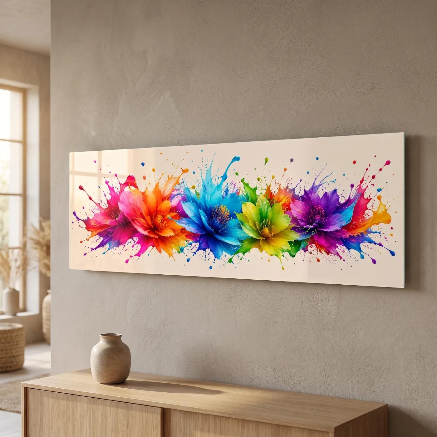 Colorful Floral Glass Wall Art Rainbow Splash Decor | Glass Wall Art