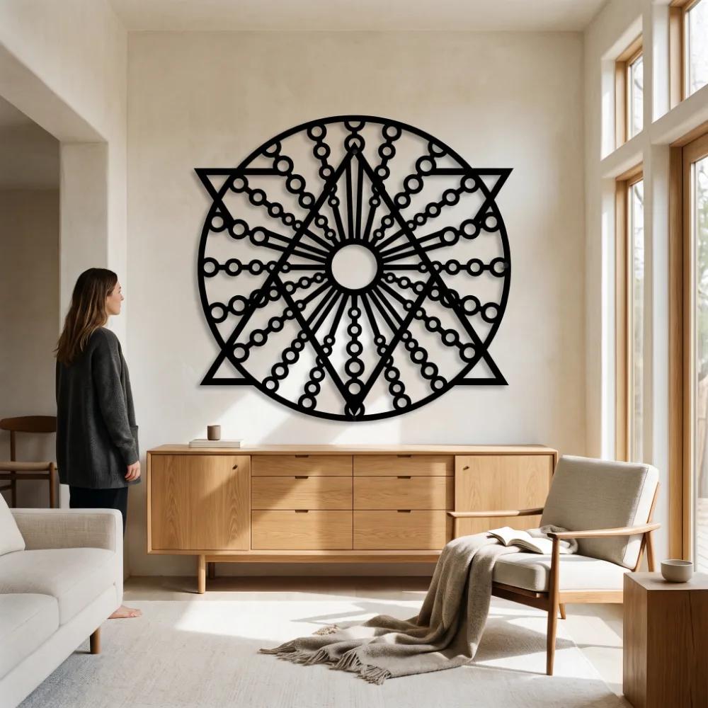 Geometric Mandala Metal Wall Art – Solstice Compass, Modern Living Room Sacred Geometry Decor — 3