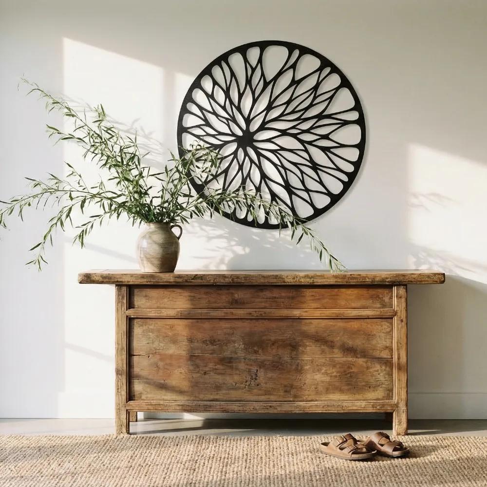 Abstract Floral Metal Wall Art – Bloom Burst, Round Living Room Decor