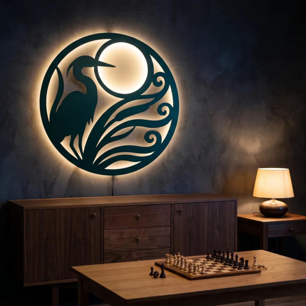 Heron Moon Metal LED Wall Art – Heron Hour, Coastal Living Room Decor