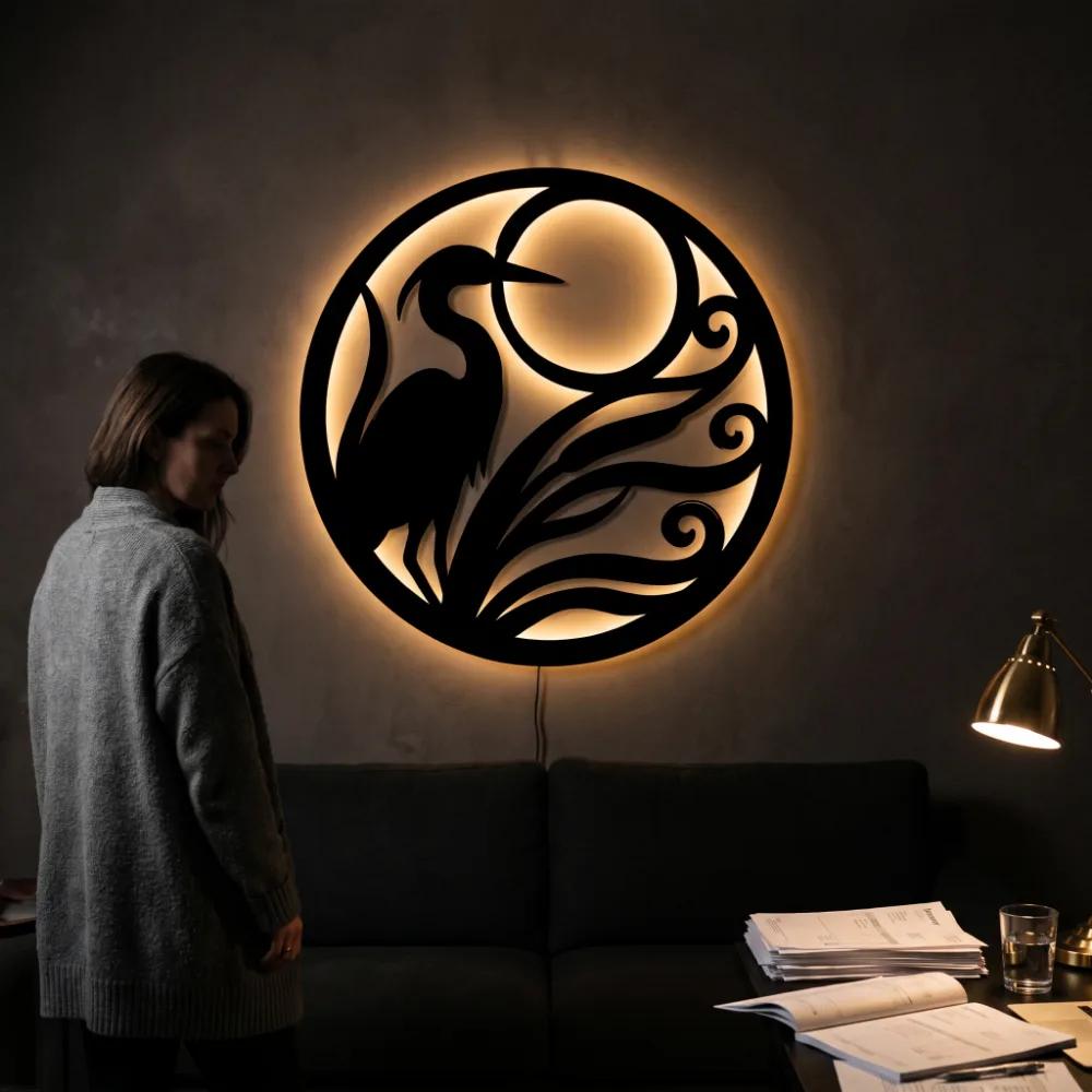 Heron Moon Metal LED Wall Art – Heron Hour, Coastal Living Room Decor — 2