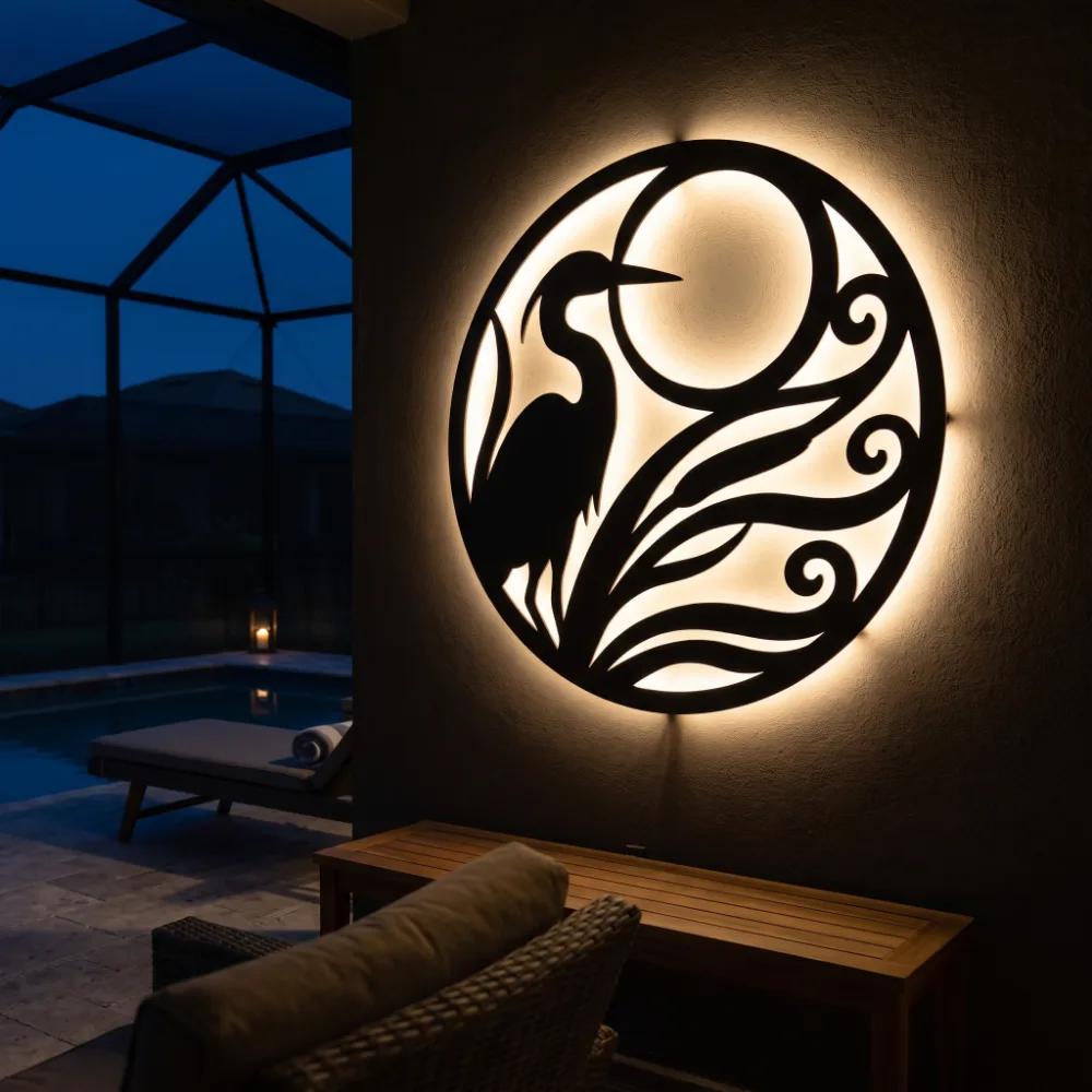 Heron Moon Metal LED Wall Art – Heron Hour, Coastal Living Room Decor — 3