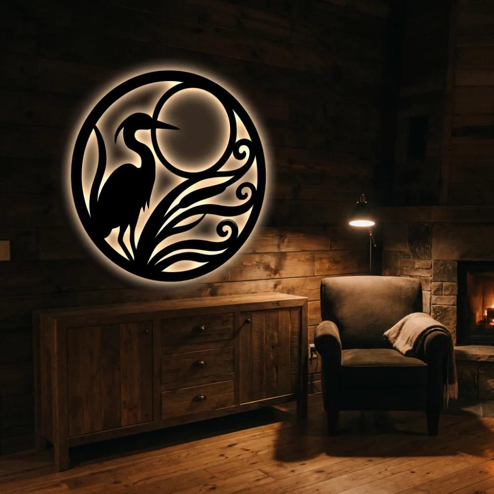 Heron Moon Metal LED Wall Art – Heron Hour, Coastal Living Room Decor — 4