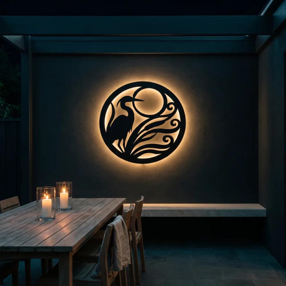Heron Moon Metal LED Wall Art – Heron Hour, Coastal Living Room Decor — 5