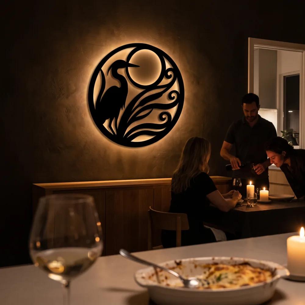Heron Moon Metal LED Wall Art – Heron Hour, Coastal Living Room Decor — 7