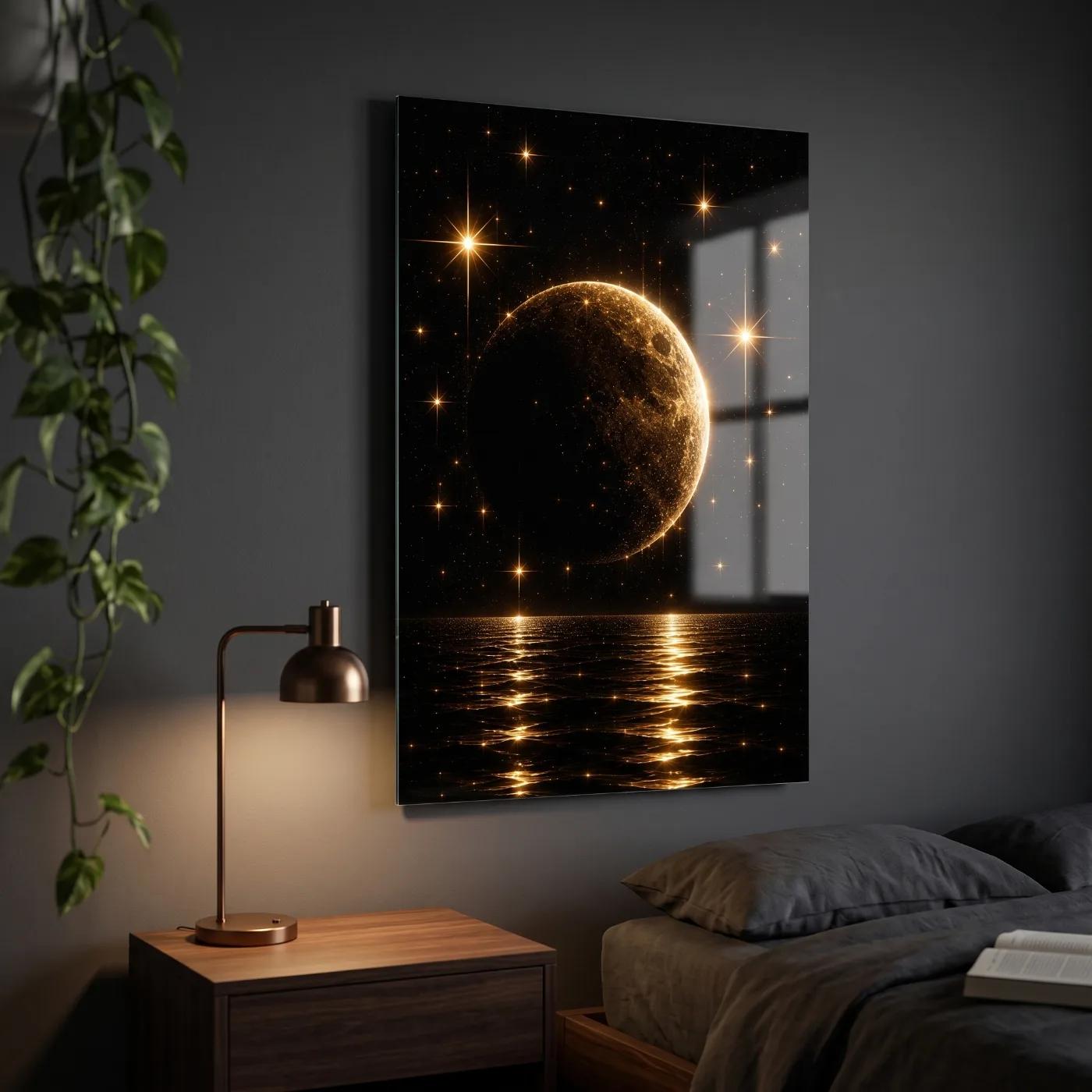Golden Moon Wall Art Celestial Ocean Reflection Glass Wall Art
